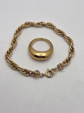Vintage Gold-Tone Jewelry Bundle: Woven Rope Chain Bracelet & Chunky Dome Ring
